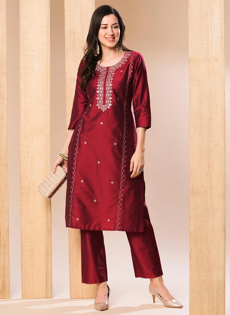 globus Globus Women Ethnic Motifs Embroidered Regular Thread Work Kurta With Trousers Festive Set